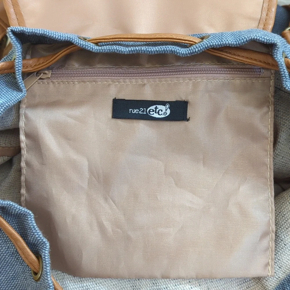 LIKE NEW Rue21 Retro Canvas Crochet and Faux Leather Drawstring Backpack